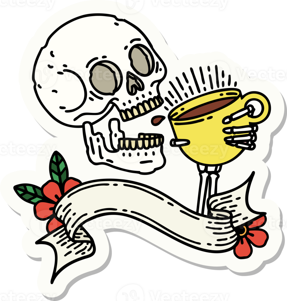 tattoo style sticker with banner of a skull drinking coffee png