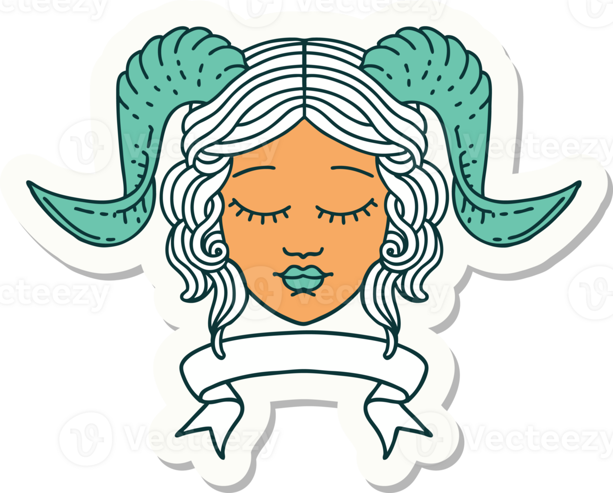 sticker of a tiefling character face with scroll banner png
