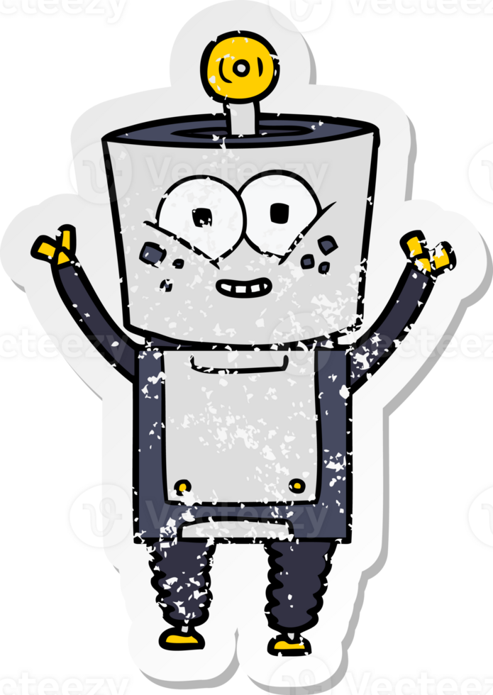 distressed sticker of a happy cartoon robot waving hello png