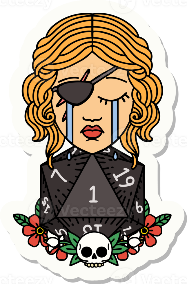 sticker of a crying human rogue with natural one d20 roll png