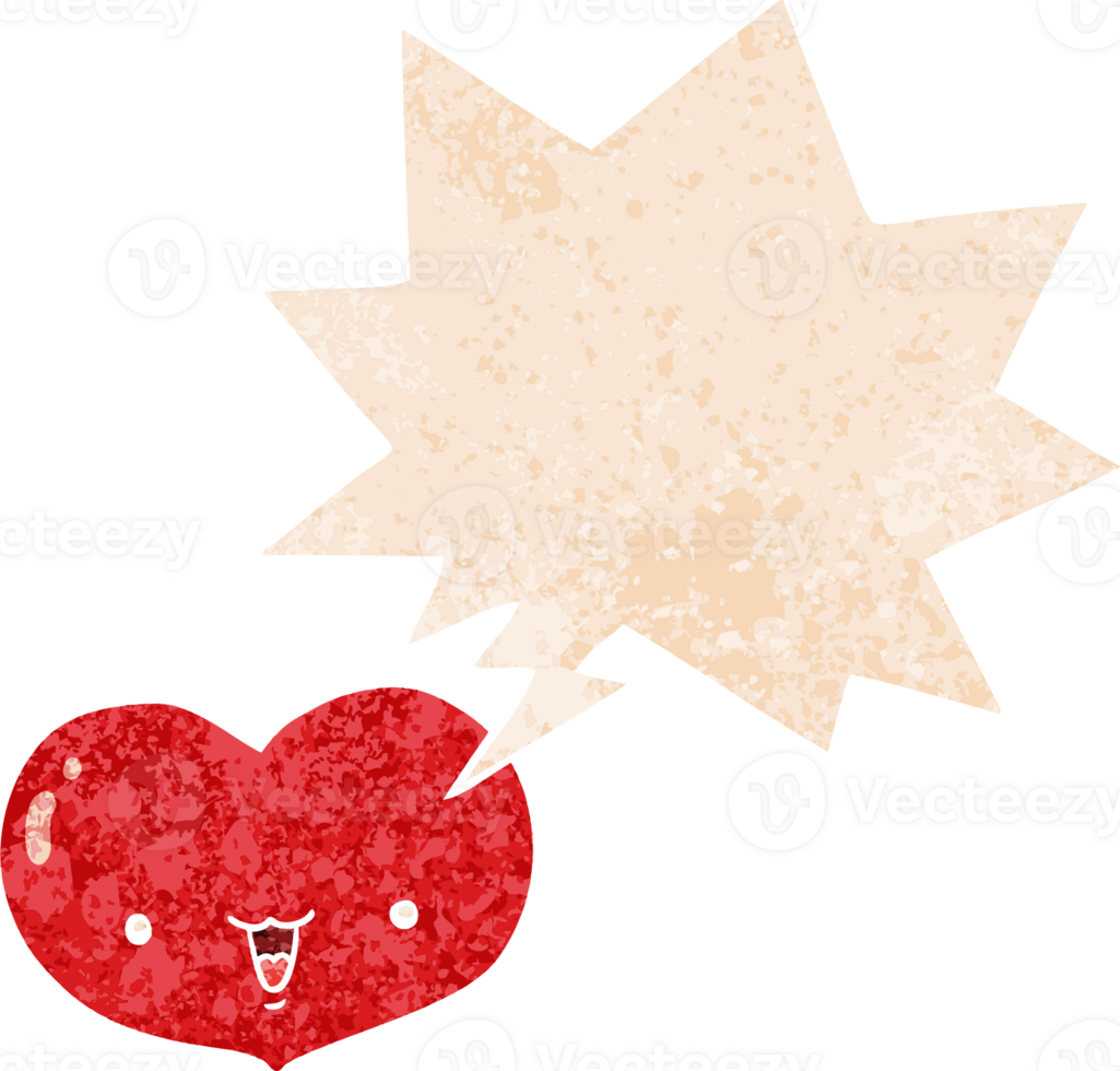 cartoon love heart character with speech bubble in grunge distressed retro textured style png