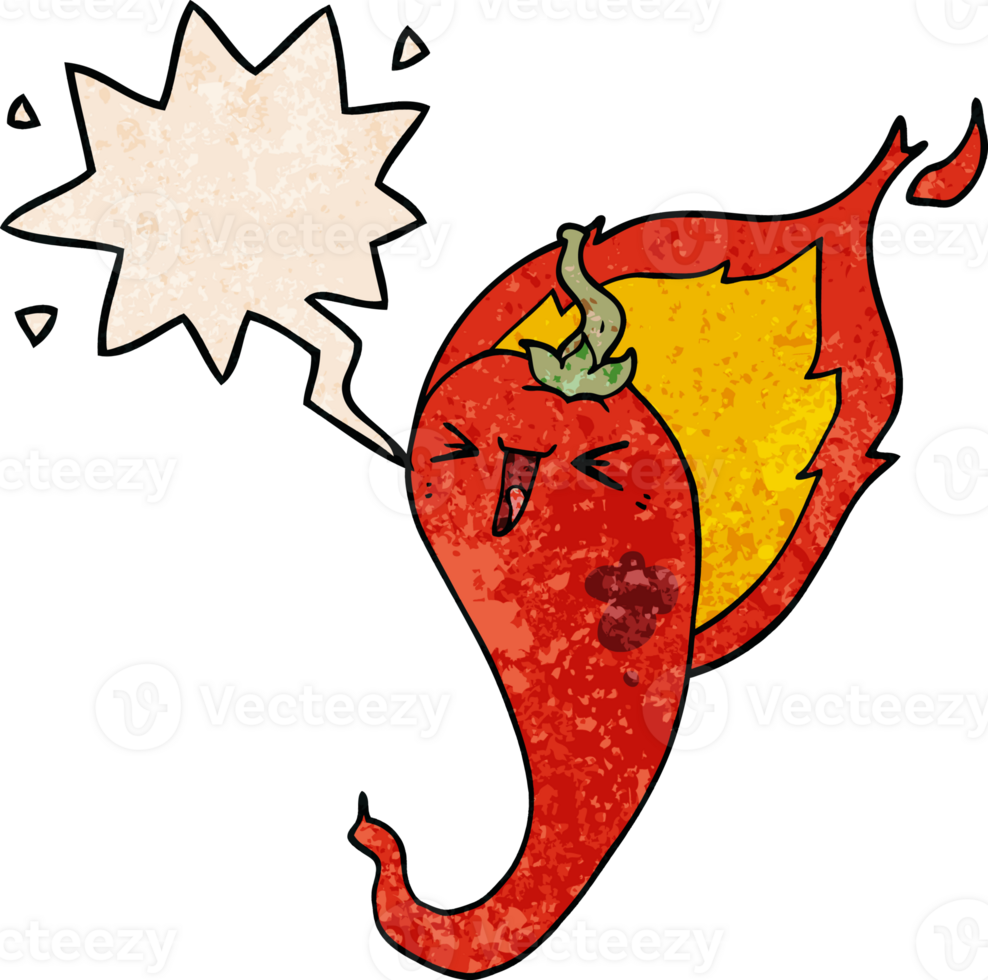cartoon flaming hot chili pepper with speech bubble in retro texture style png