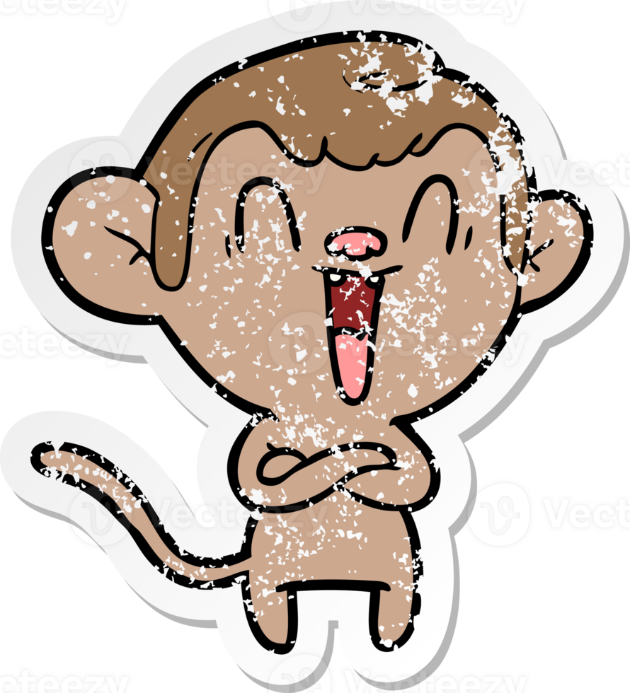 distressed sticker of a cartoon laughing monkey png