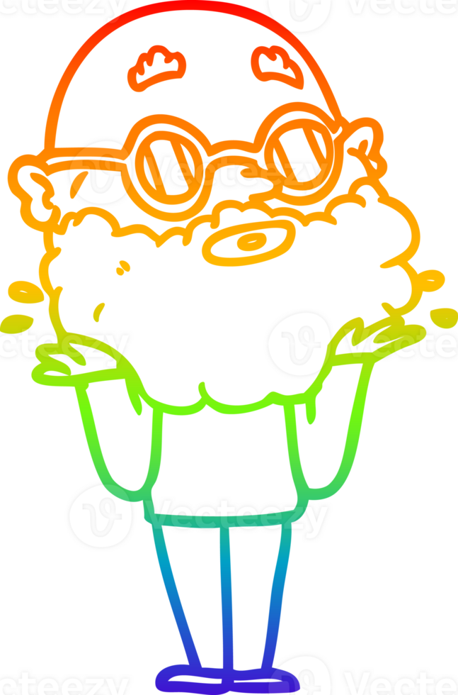 rainbow gradient line drawing of a cartoon curious man with beard and sunglasses png