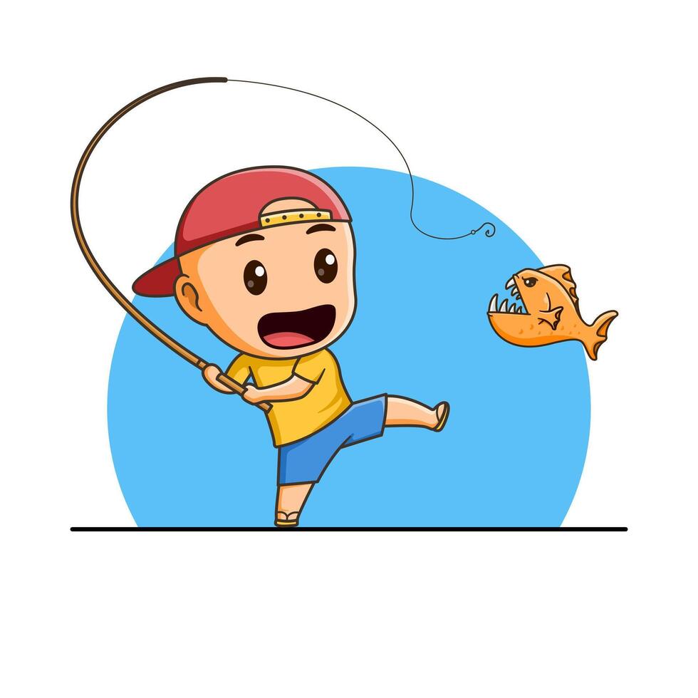 Free Cute Little Boy Fishing Vector Cartoon Illustration Icon Mascot. Cartoon Style.