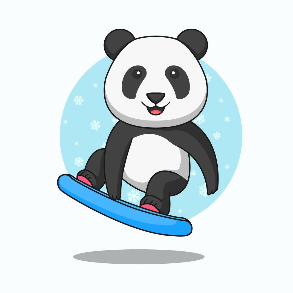 Free cute panda playing snowboard cartoon illustration. vector