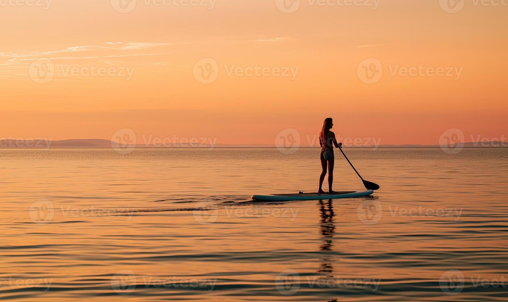 AI generated Photo of a Serene Paddle Boarder Gliding Across the Glistening Waters