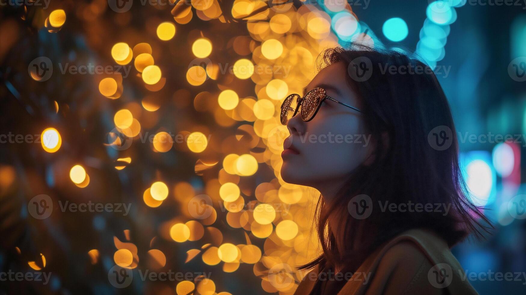 ai generado retrato de un hermosa joven mujer en el ciudad a noche con bokeh luces foto