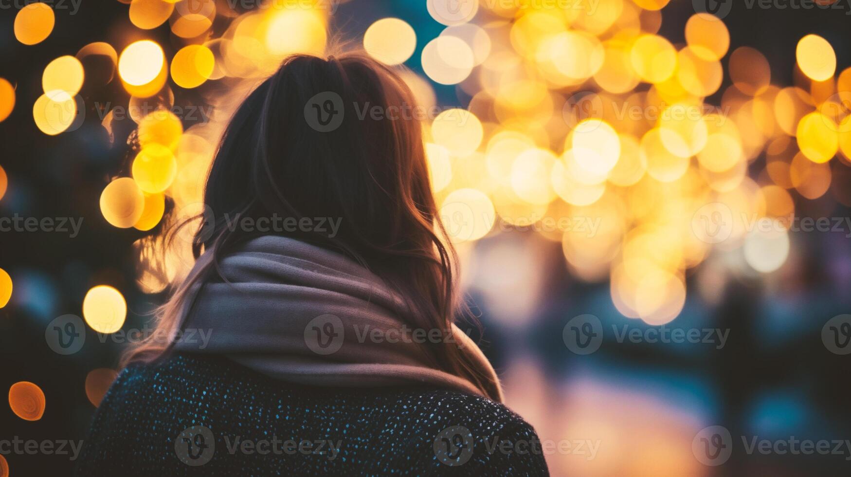 AI generated Back view of a young woman in a winter coat and scarf looking at the Christmas lights. photo