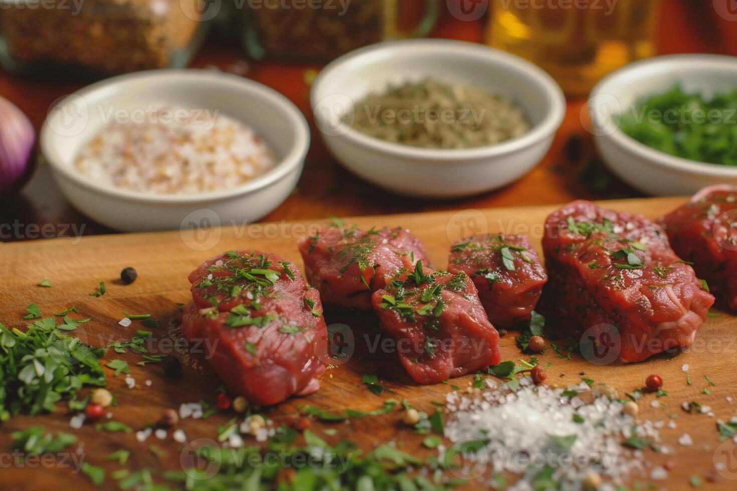 AI generated Raw beef steaks with herbs and spices on rustic wooden background photo