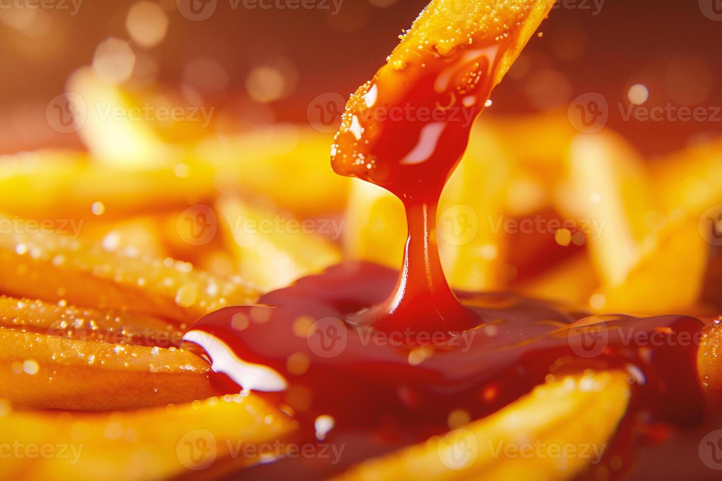 AI generated French fries with ketchup, close up. Selective focus. photo