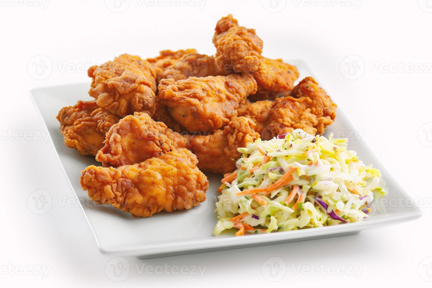 AI generated Fried chicken with coleslaw and salad on a white background photo