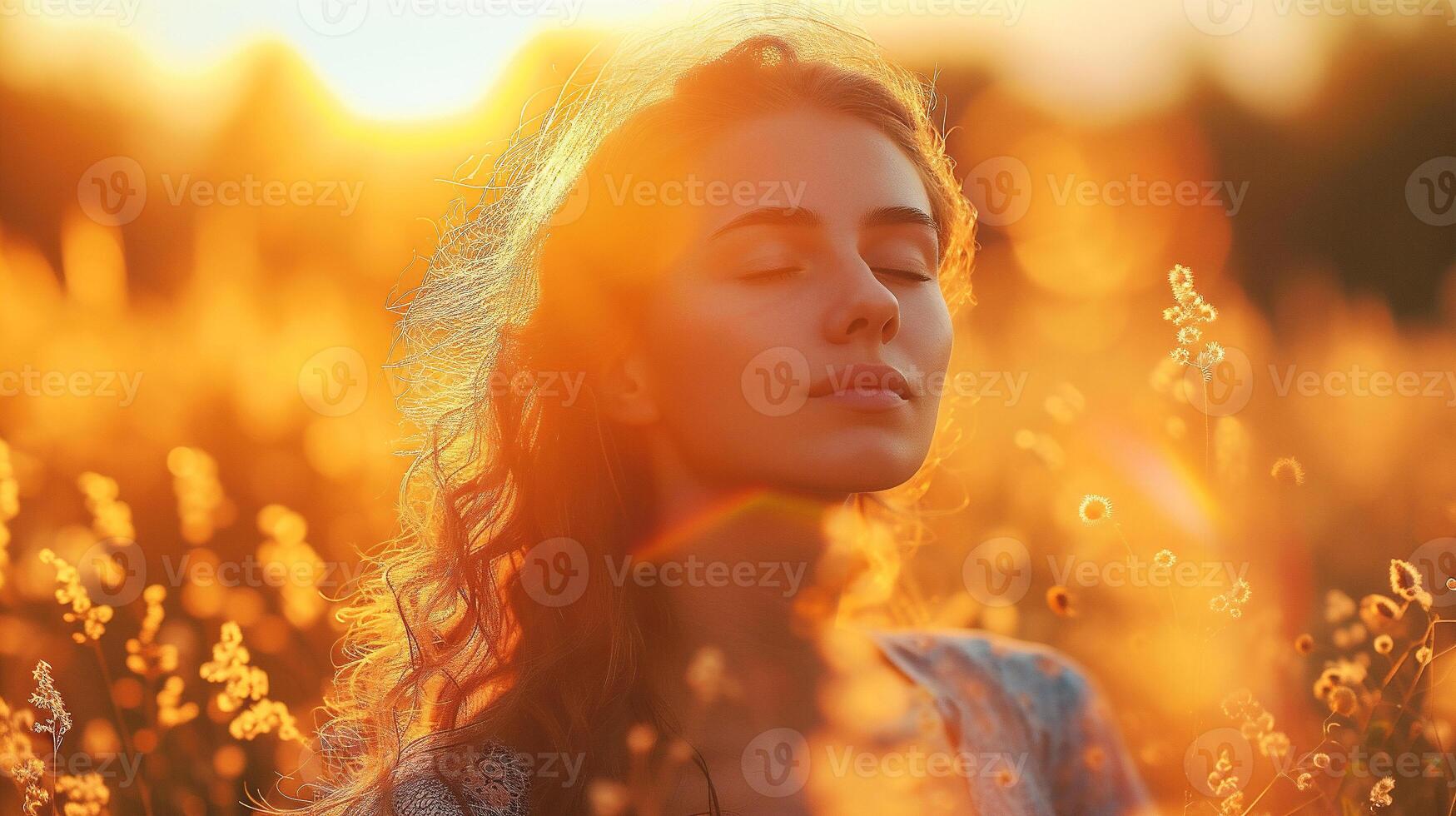 AI generated Portrait of a beautiful young woman in the field at sunset. photo