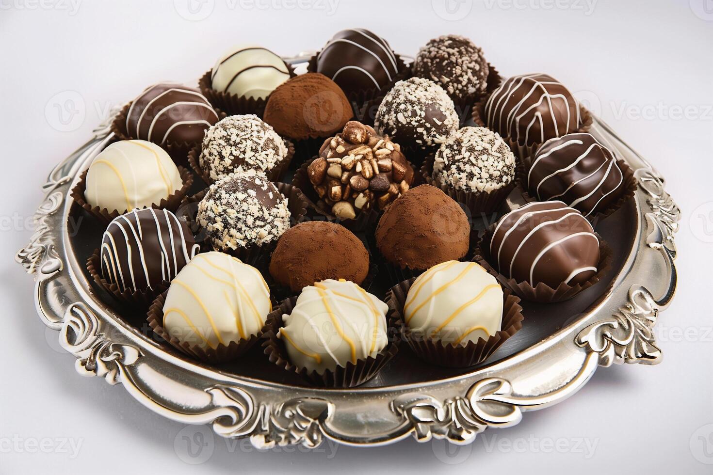 AI generated Assortment of chocolate candies on silver plate. photo