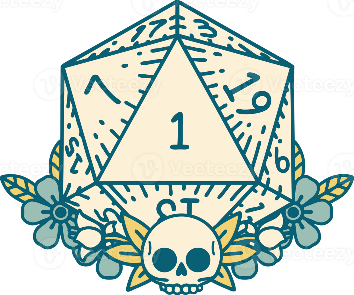 Retro Tattoo Style natural one dice roll with floral elements png