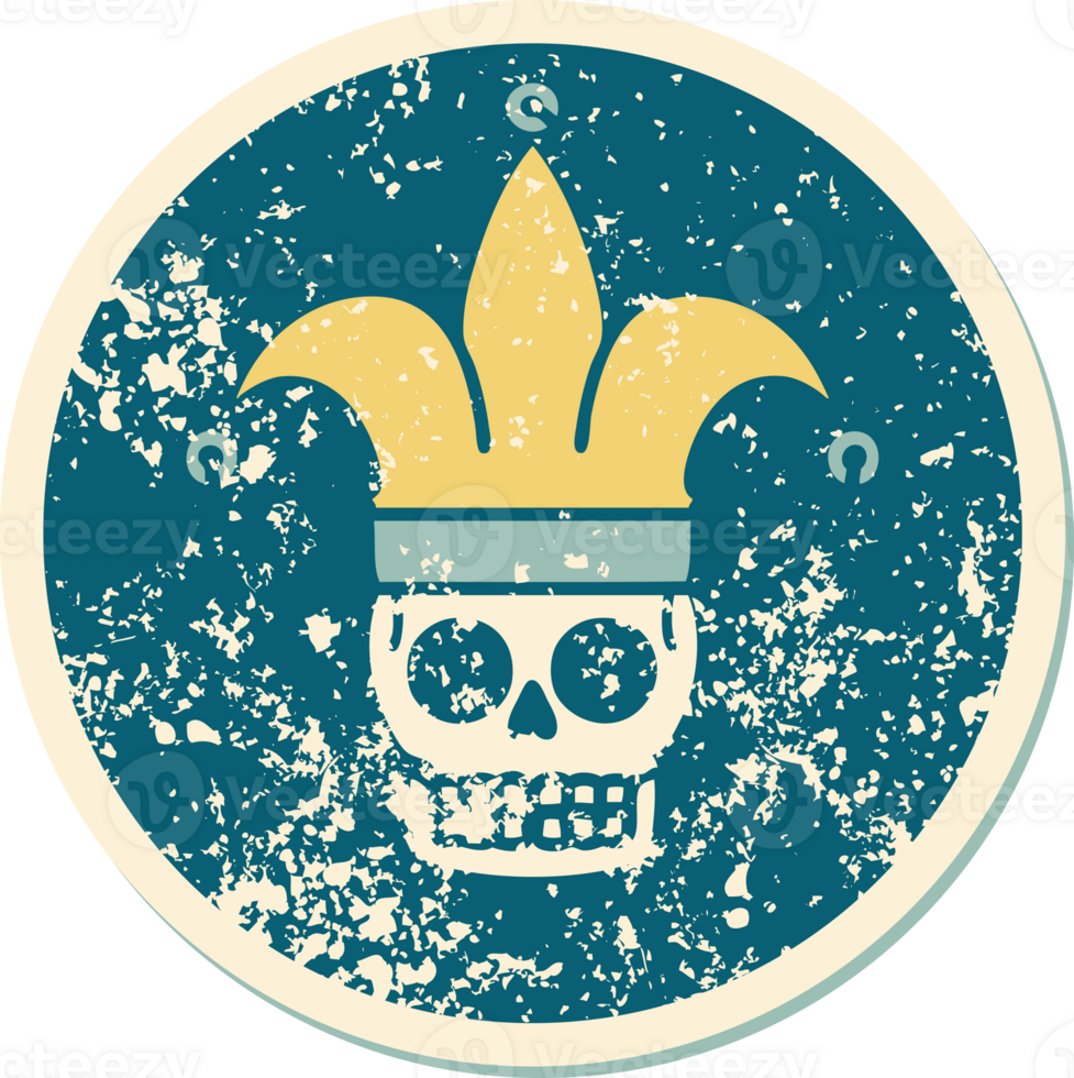 iconic distressed sticker tattoo style image of a skull jester png