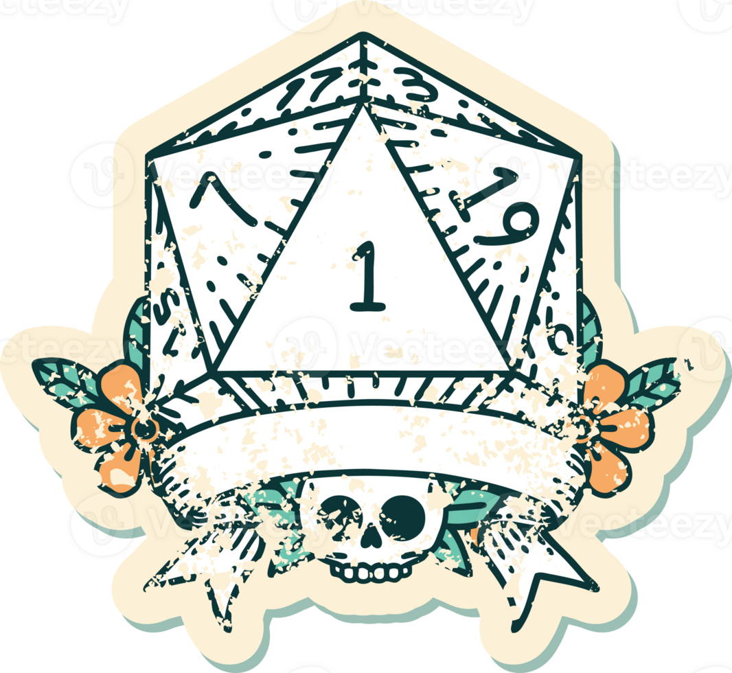 Retro Tattoo Style natural one d20 dice roll png