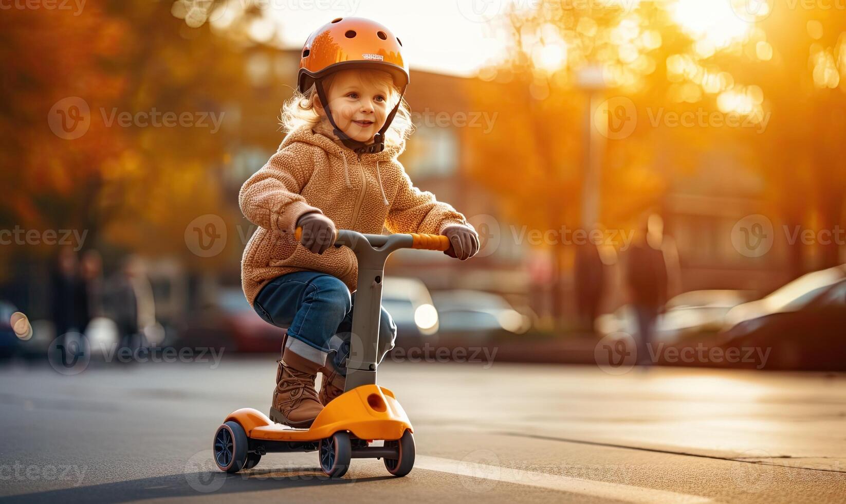 AI generated Little Girl Enjoying a Scooter Ride Through a Vibrant Neighborhood photo