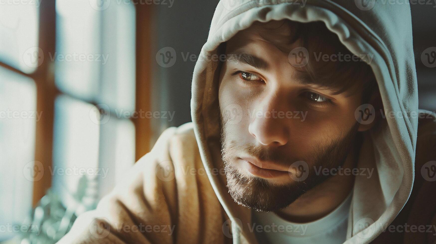 AI generated Portrait of a young man with a beard in a hood. photo