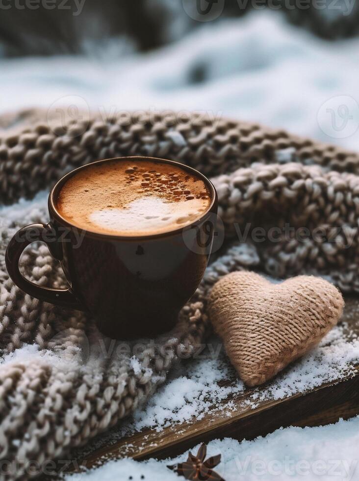 AI generated Cup of coffee with knitted scarf and heart on wooden background photo