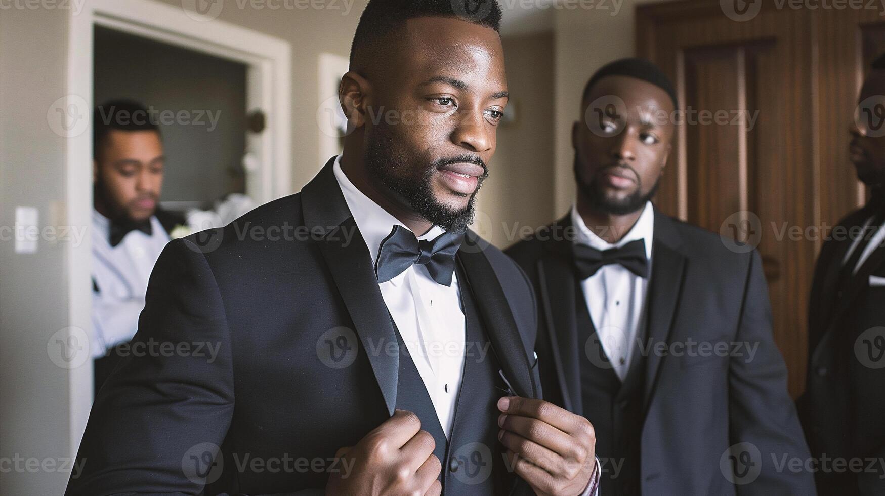 AI generated Handsome african american groom dressing up for wedding ceremony photo