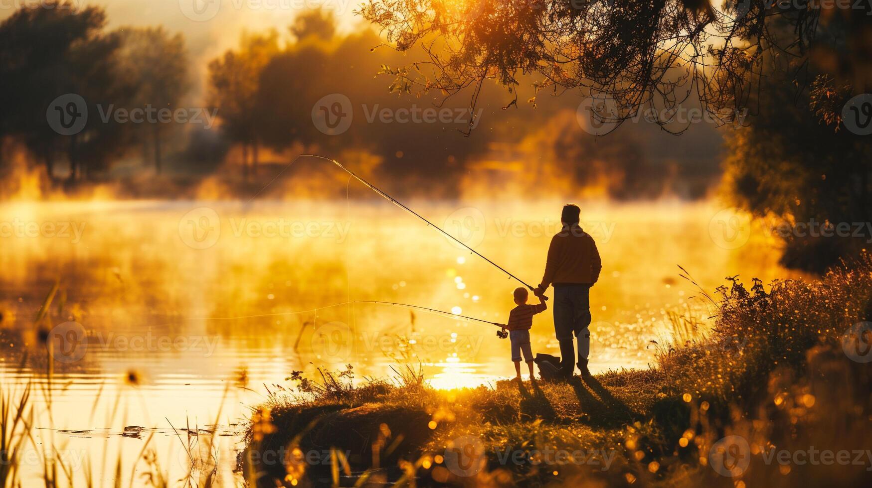 AI generated Father and son fishing on the river at sunset. Concept of friendly family. photo