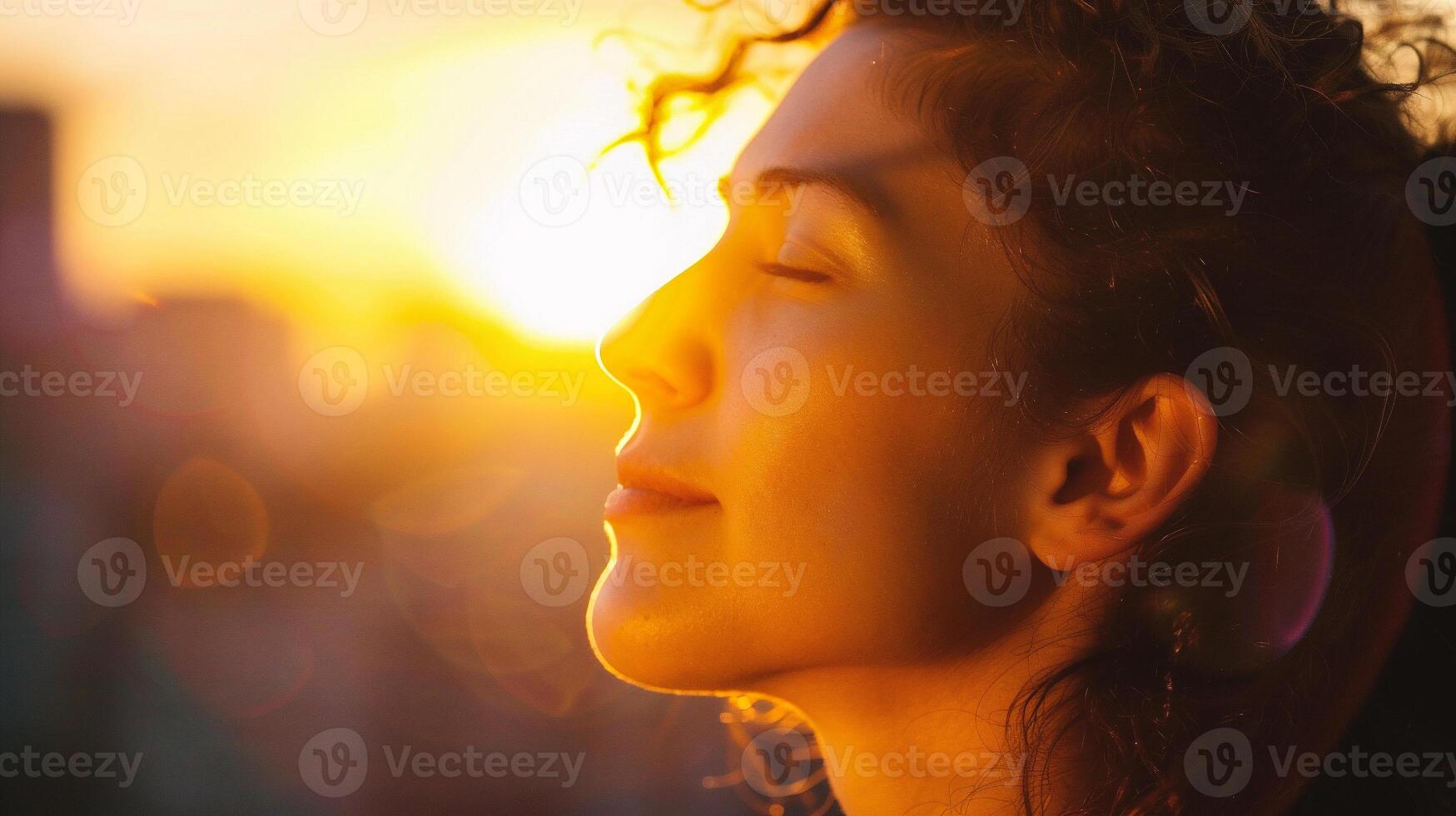AI generated Portrait of a beautiful young woman with closed eyes against the background of the setting sun photo