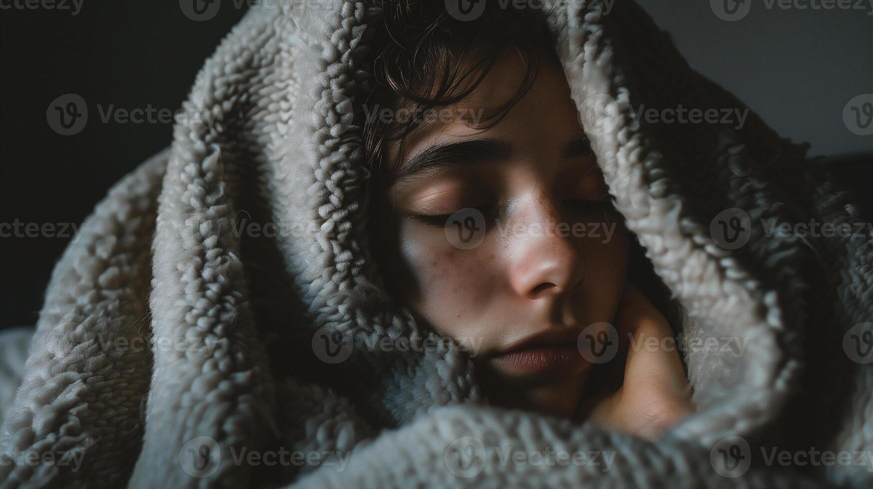 AI generated Close up portrait of a young beautiful woman covered with a soft blanket photo