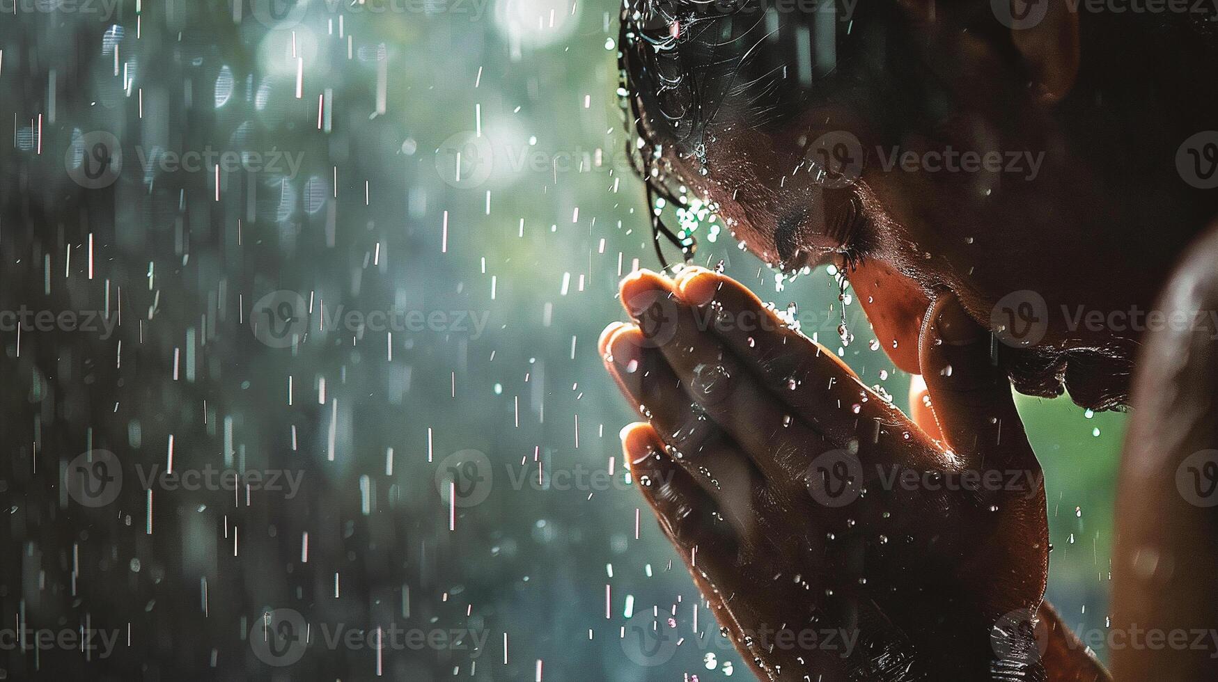 AI generated Young man praying in the rain with his hands clasped in prayer photo