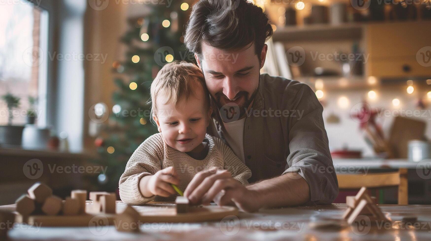 ai generado padre y hijo jugando con de madera bloques en Navidad cocina a hogar foto