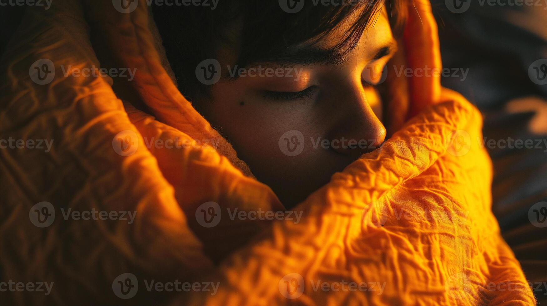 AI generated Close-up of a boy covered with a blanket in the dark photo