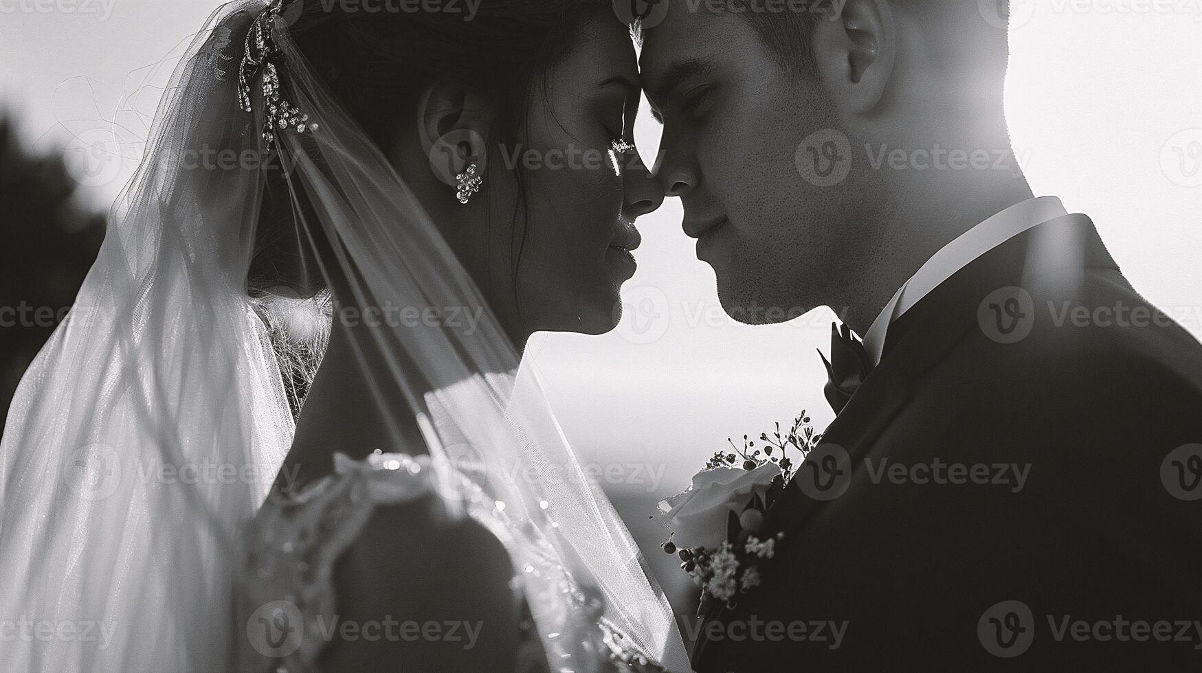 AI generated Beautiful bride and groom in their wedding day. Black and white photo. photo