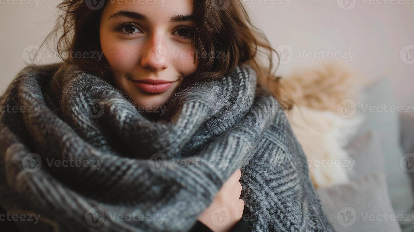 AI generated Portrait of a young girl wrapped in a warm scarf photo