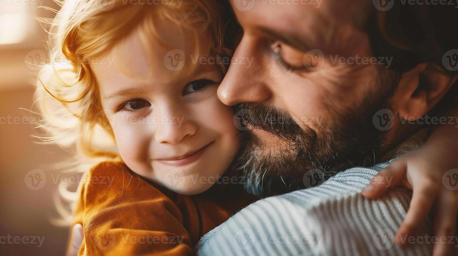 ai generado retrato de un contento padre con su pequeño hijo a puesta de sol. foto