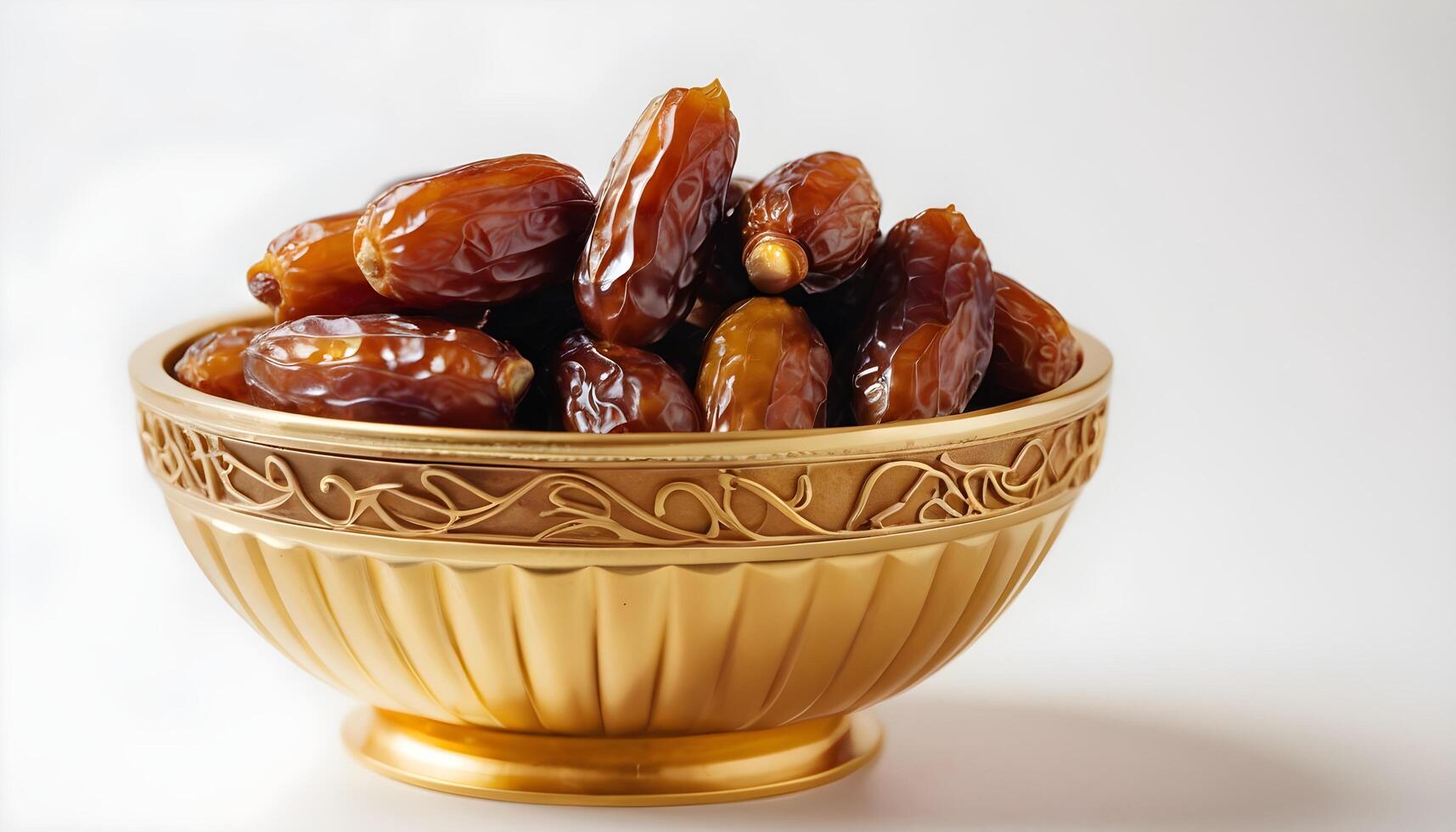 AI generated Dates in a Golden bowl on a white background photo