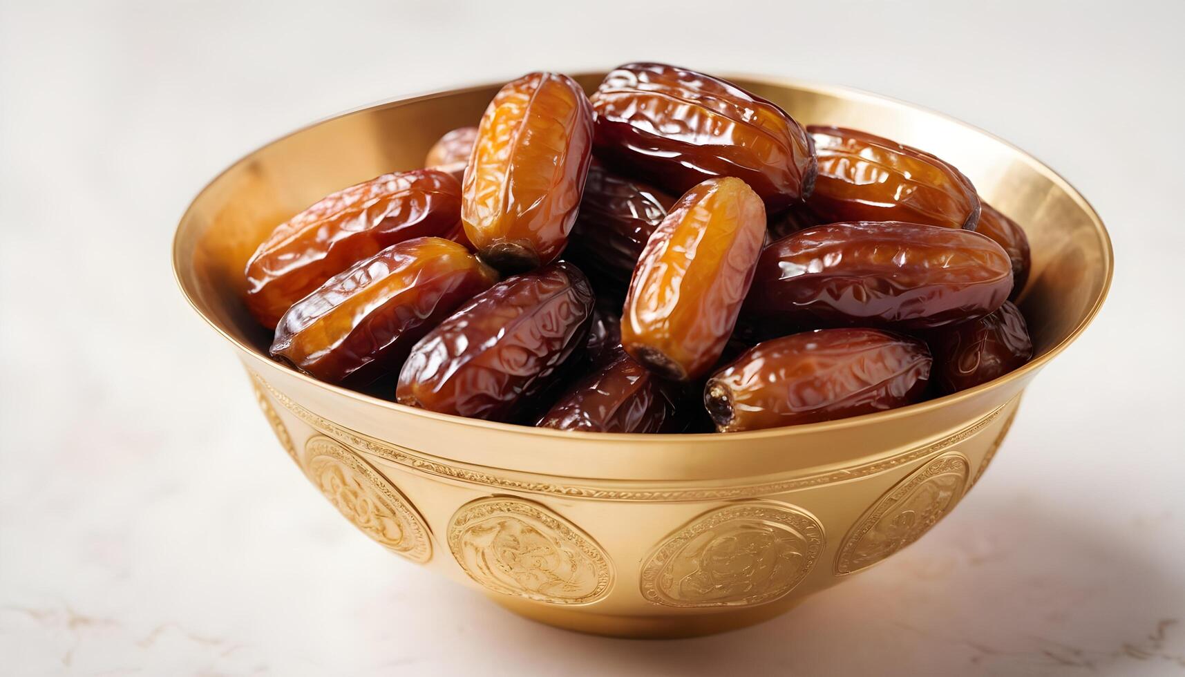 AI generated Dates in a Golden bowl on a white background photo