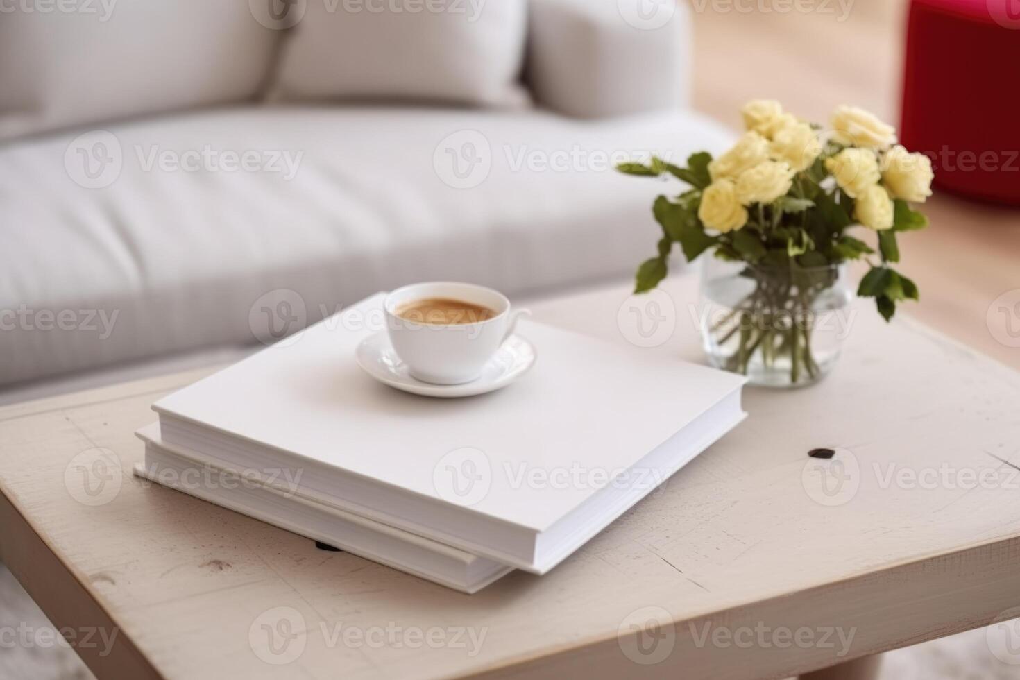 AI generated White book mockup with yellow flowers on table. AI Generated photo