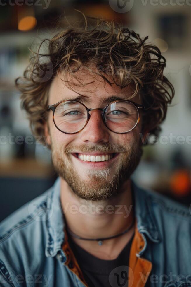 AI generated emotional portrait of happy british man in glasses. ai generated photo