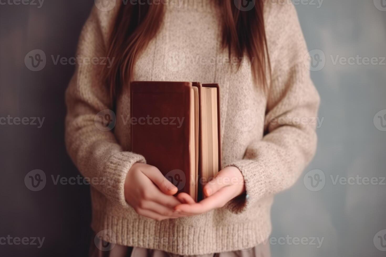 AI generated Magazine or book image mockup. girl holding a closed book in her hands. AI Generated photo