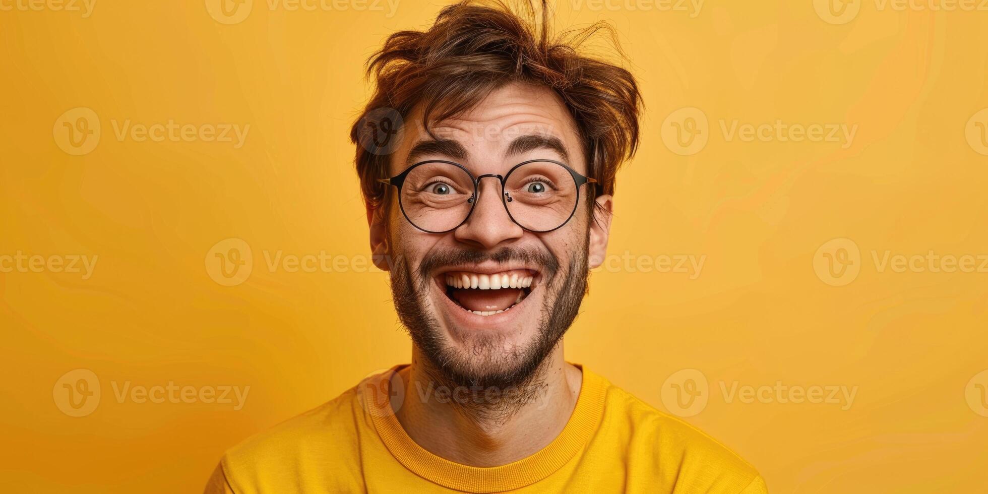 AI generated emotional portrait of happy british man in glasses. ai generated photo