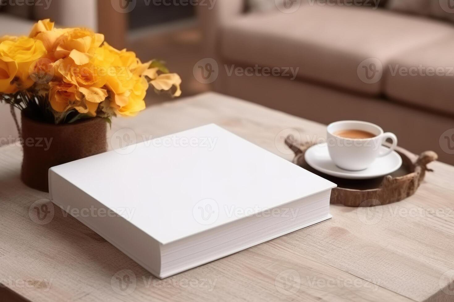 AI generated White book mockup with yellow flowers on table. AI Generated photo