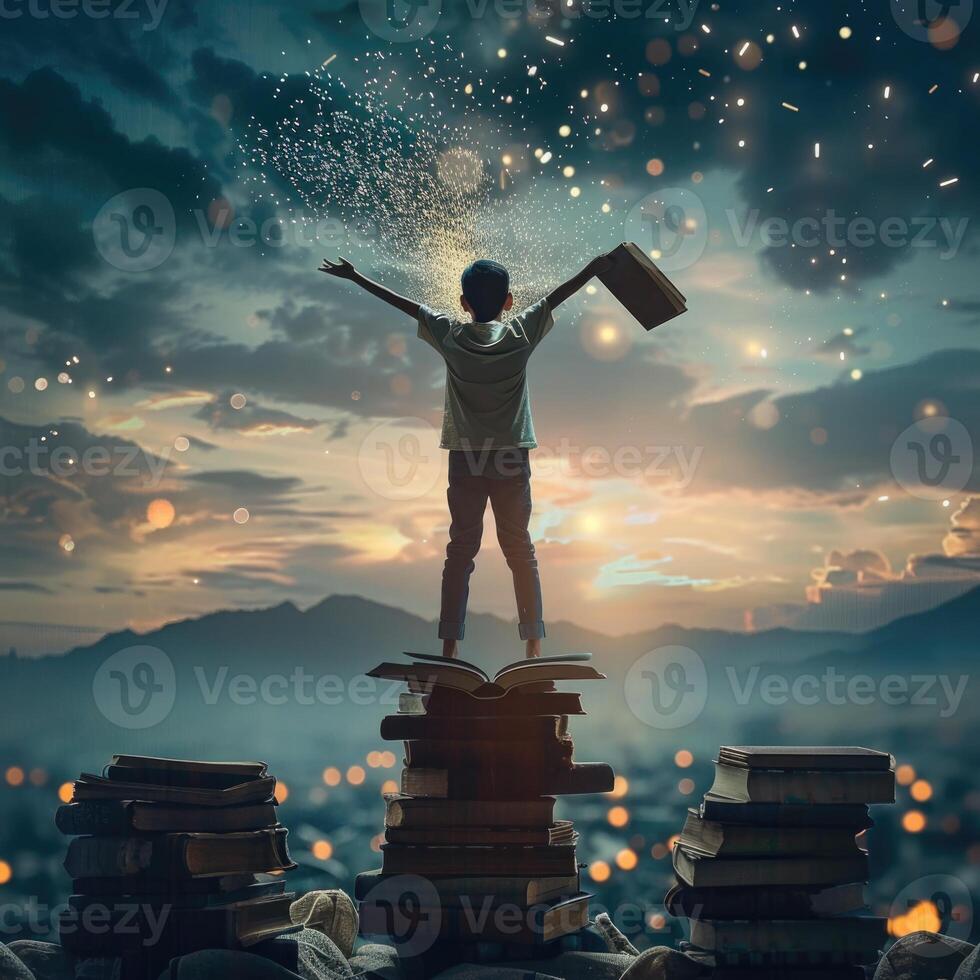 AI generated kid standing on tower of books on background of sunset sky. ai generated photo