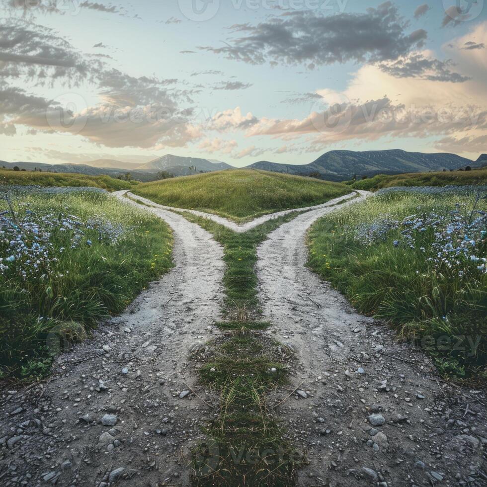 ai generado elegir Entre dos caminos, líder a diferente resultados y destinos ai generado foto