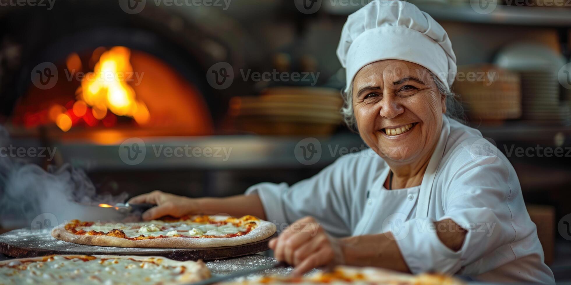 AI generated portrait of happy Italian female chef cooking pizza. ai generated photo