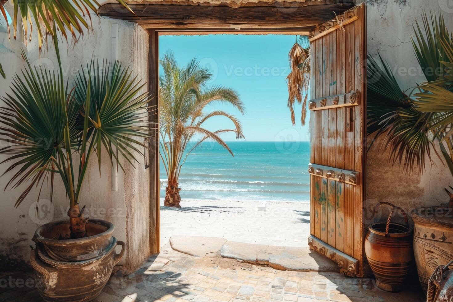AI generated Open door with access to the beach from desert. ai generated photo