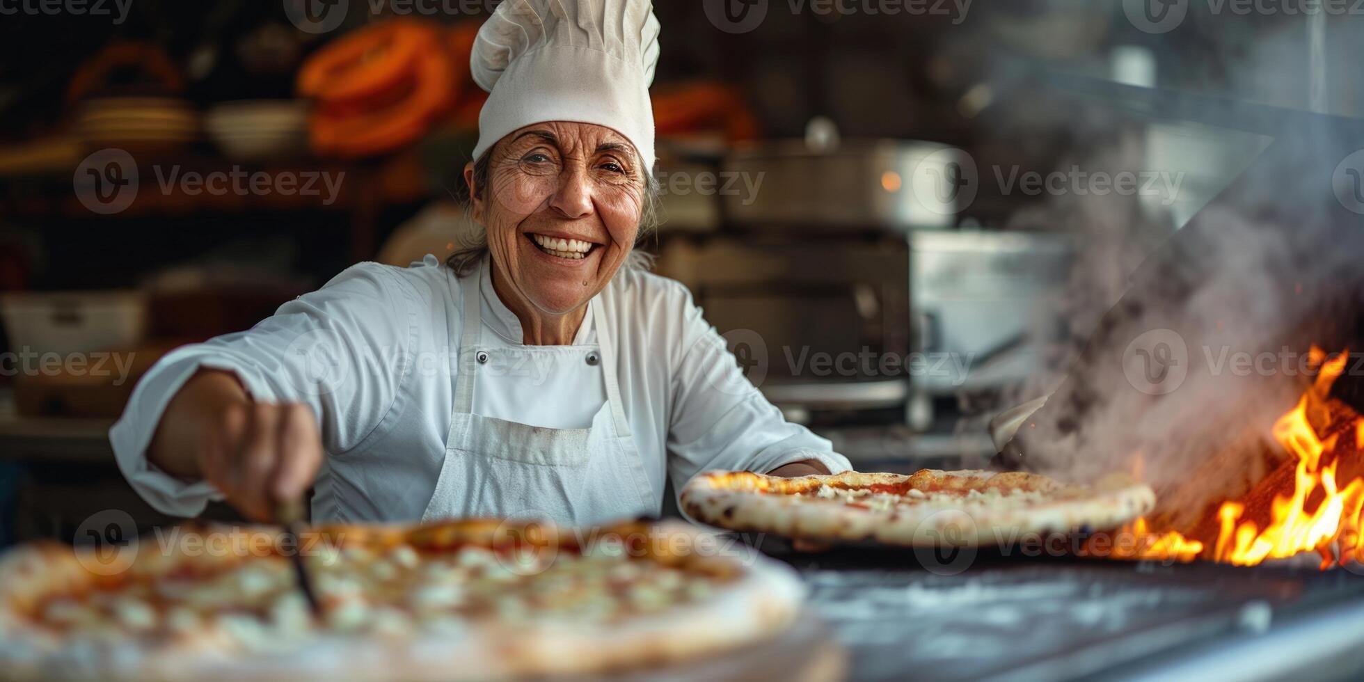 AI generated portrait of happy Italian female chef cooking pizza. ai generated photo