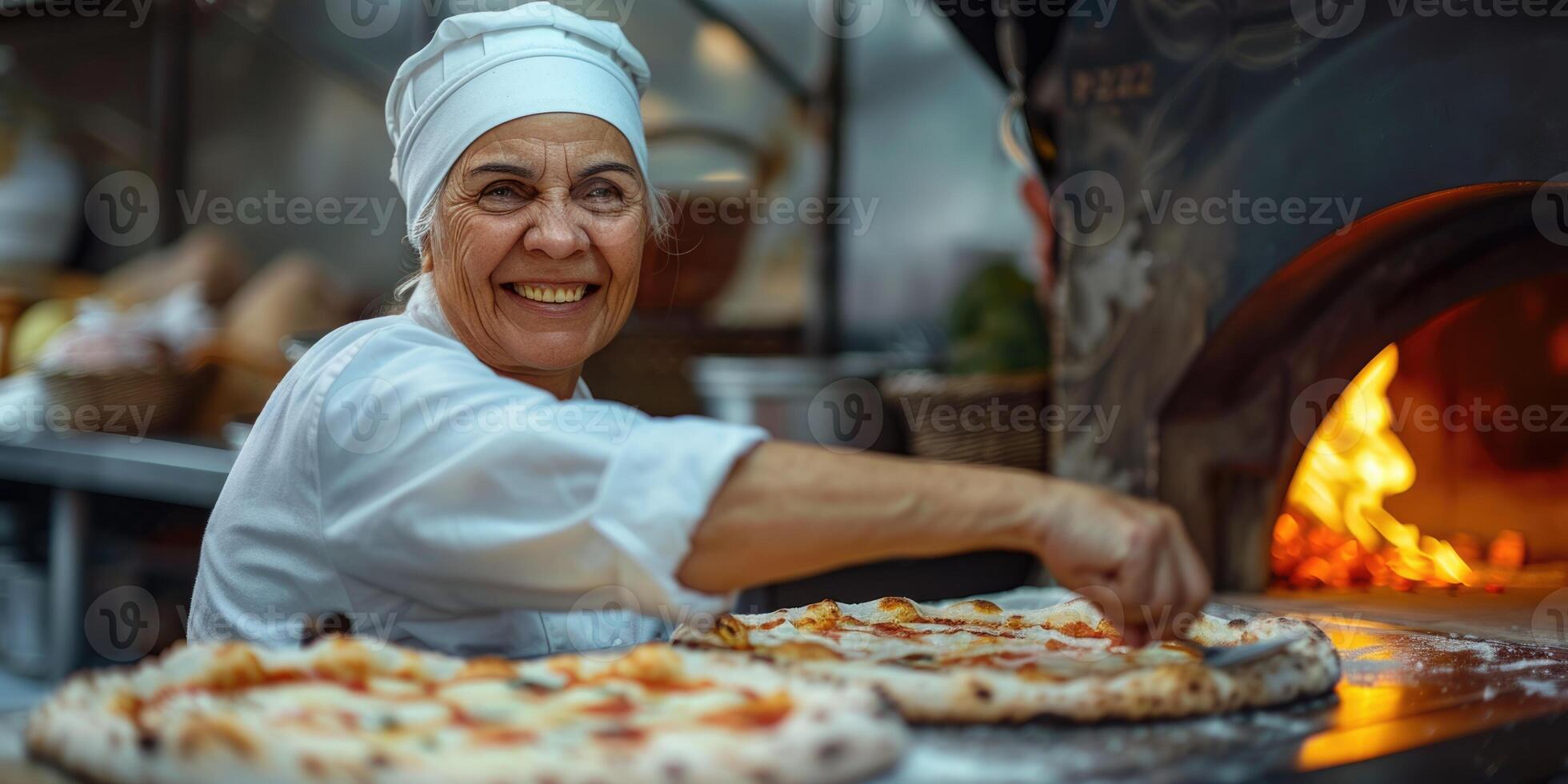 ai generado retrato de contento italiano hembra cocinero Cocinando Pizza. ai generado foto