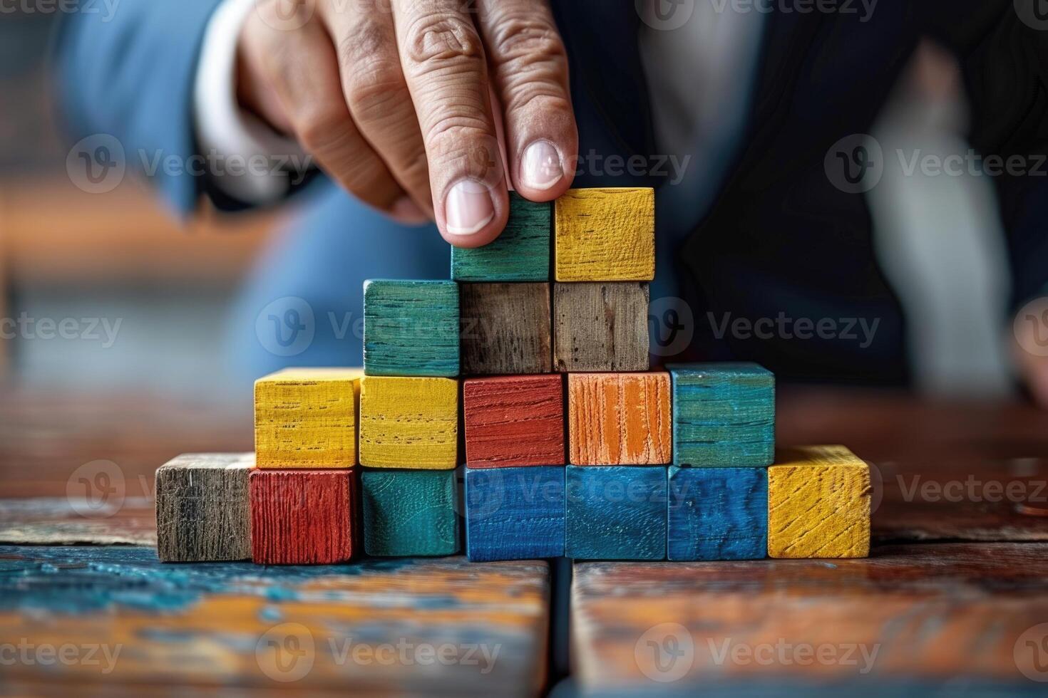 AI generated business man build a blocks wood game. ai generated photo