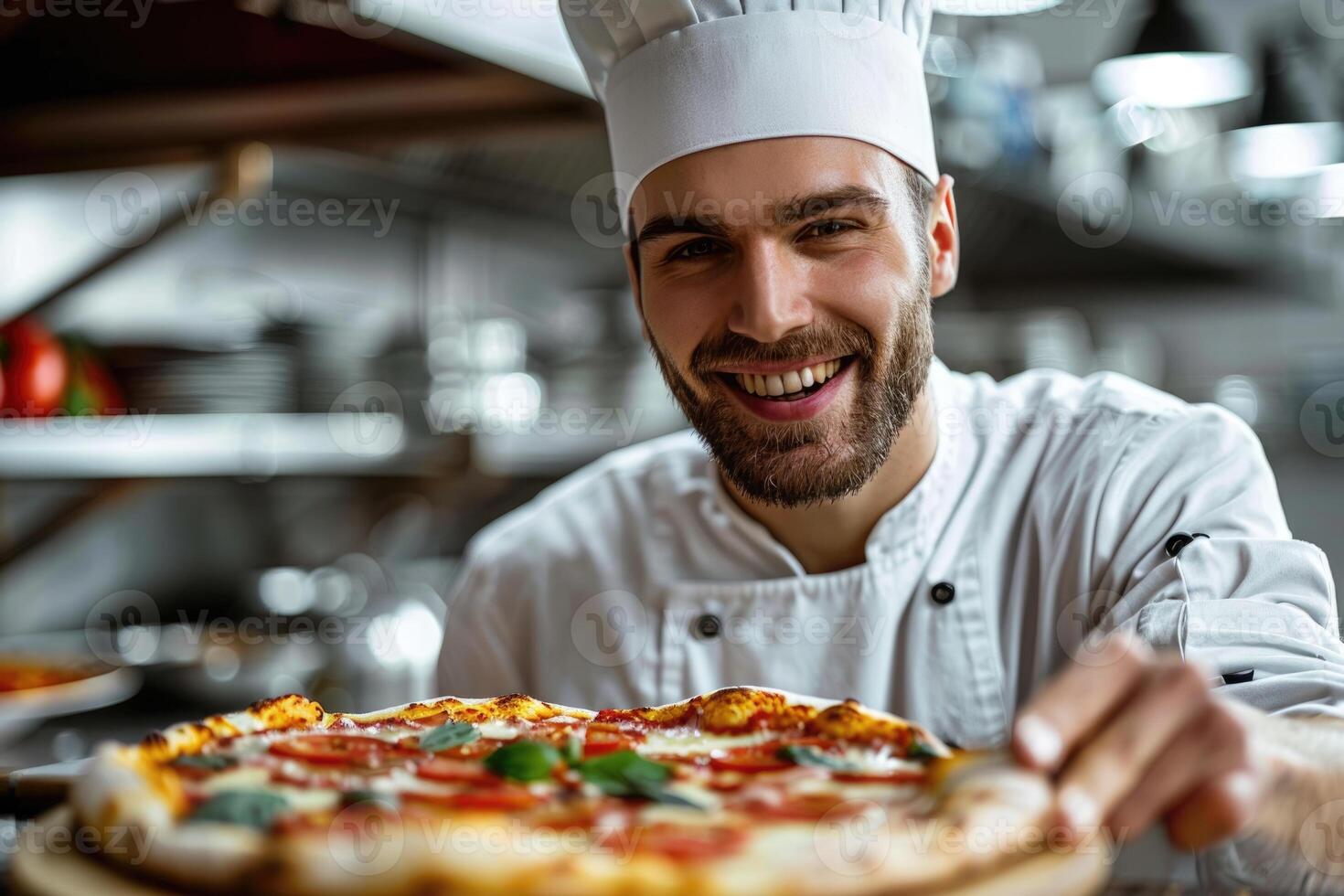 AI generated portrait of happy Italian male chef cooking pizza. ai generated photo