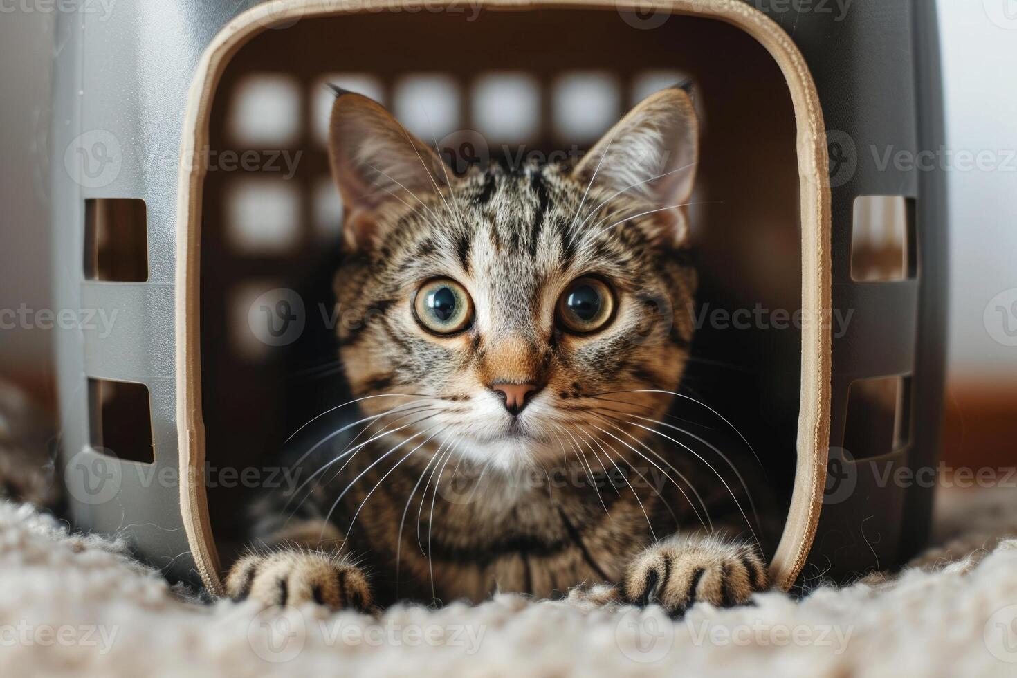 AI generated cute tabby cat sitting in pet carrier box. ai generated photo